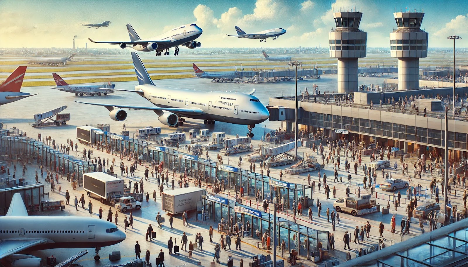 A busy airport with planes from competing airlines at the gates