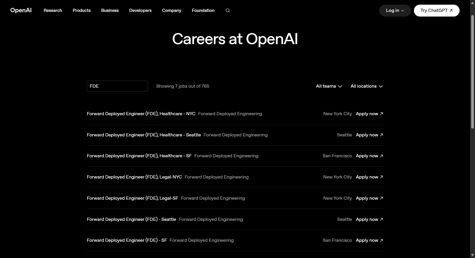 OpenAI careers page listing Forward Deployed Engineer roles in healthcare, legal and government