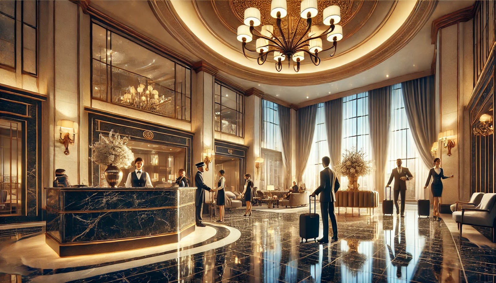 A luxury hotel lobby with guests checking in at the front desk
