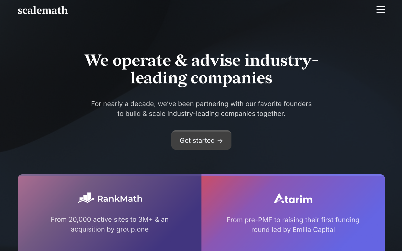 The redesigned scalemath.com homepage: “We operate & advise industry-leading companies”, with Rank Math and Atarim case-study cards