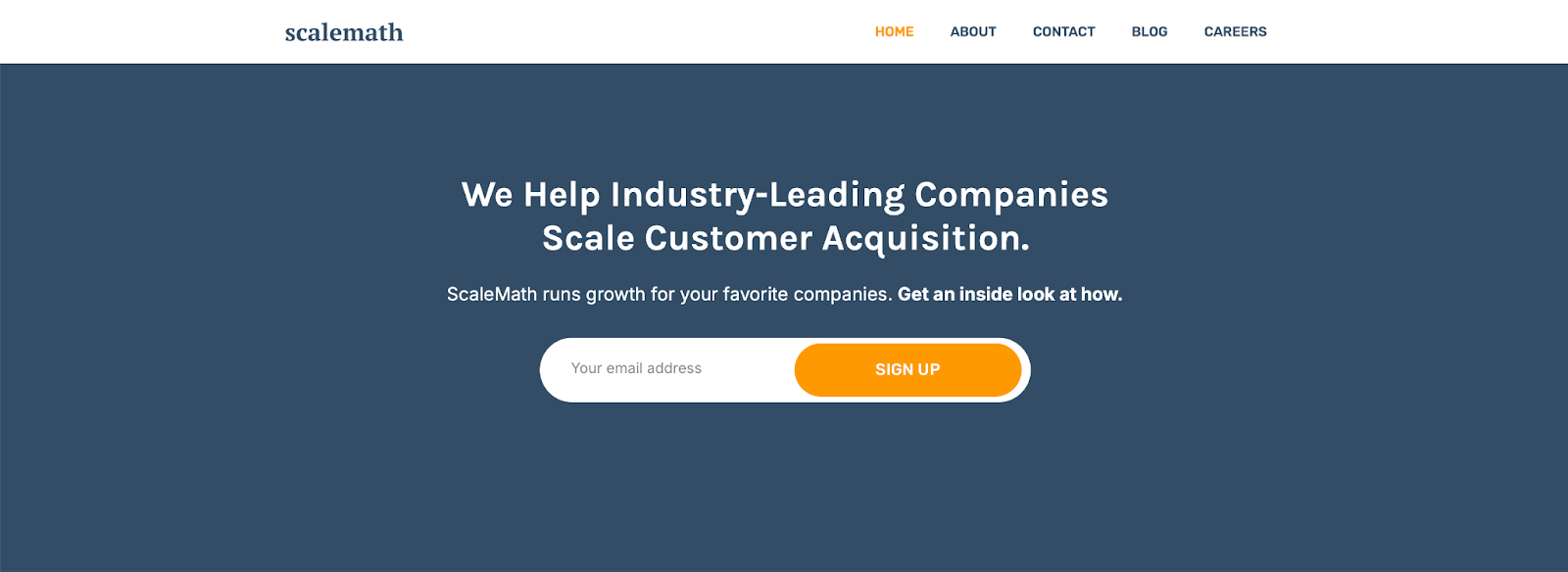 The first version of scalemath.com, built on GeneratePress: “We Help Industry-Leading Companies Scale Customer Acquisition” with an email sign-up
