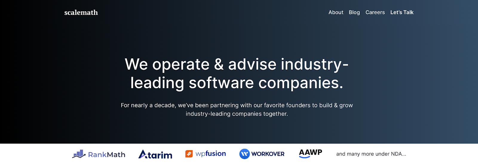 The second version of scalemath.com, built with Ollie: “We operate & advise industry-leading software companies” above client logos