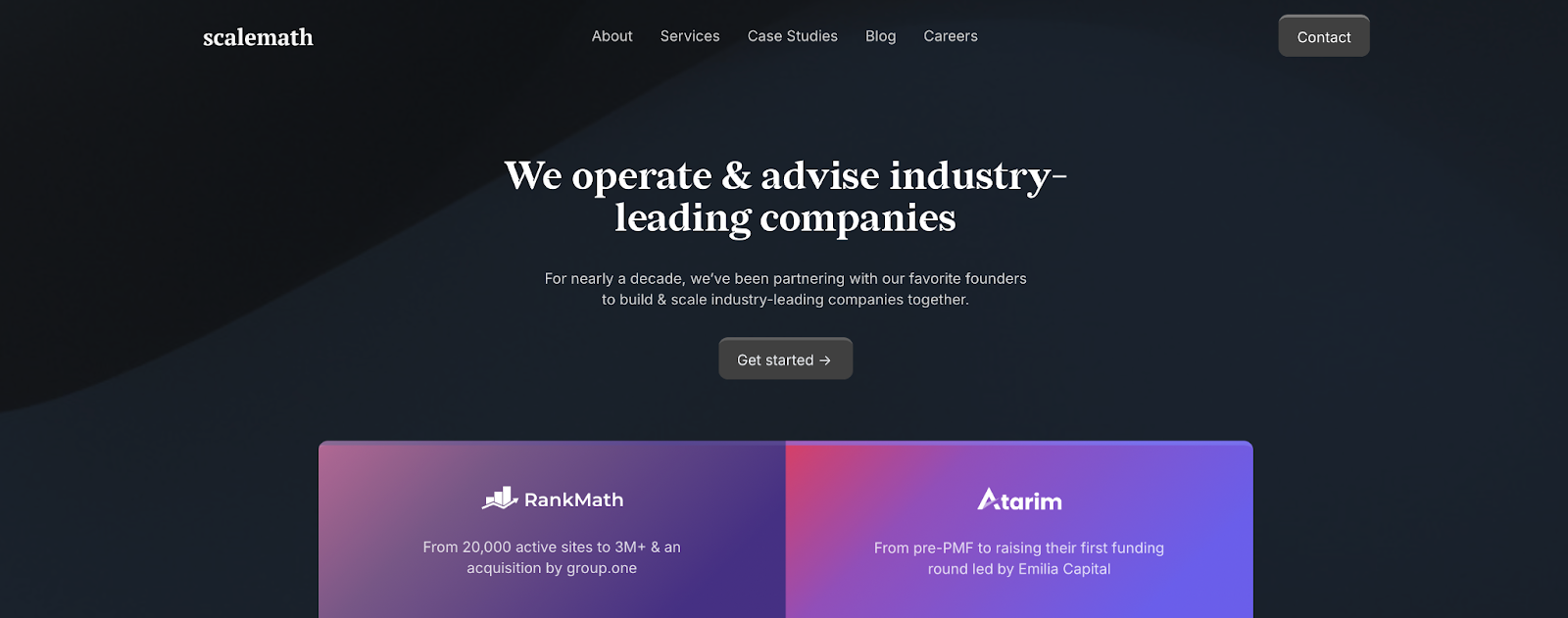 The current scalemath.com homepage with Rank Math and Atarim case-study cards