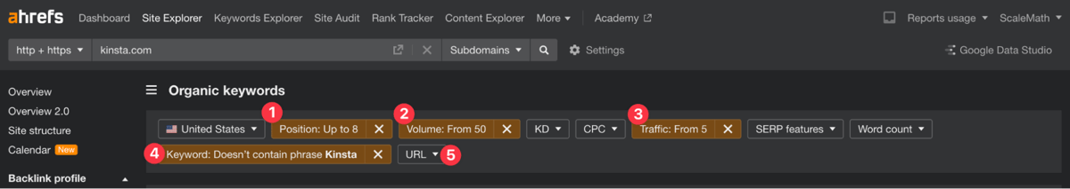 setting various filters in organic keywords of site explorer — explanation below