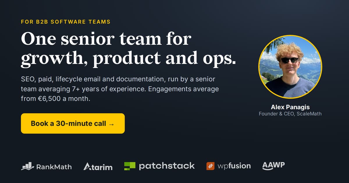 ScaleMath call to action: meet a senior growth, product and ops team for B2B software, with a button to book a 30-minute call.