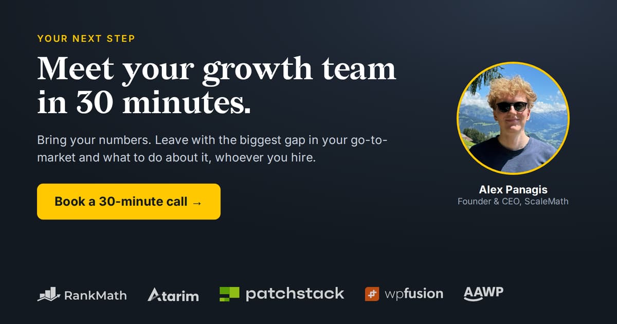 ScaleMath call to action: your dream growth, product and ops team, with a button to book a 30-minute call.