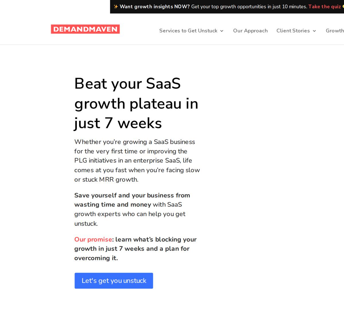 The DemandMaven homepage, describing its growth strategy work for SaaS companies.