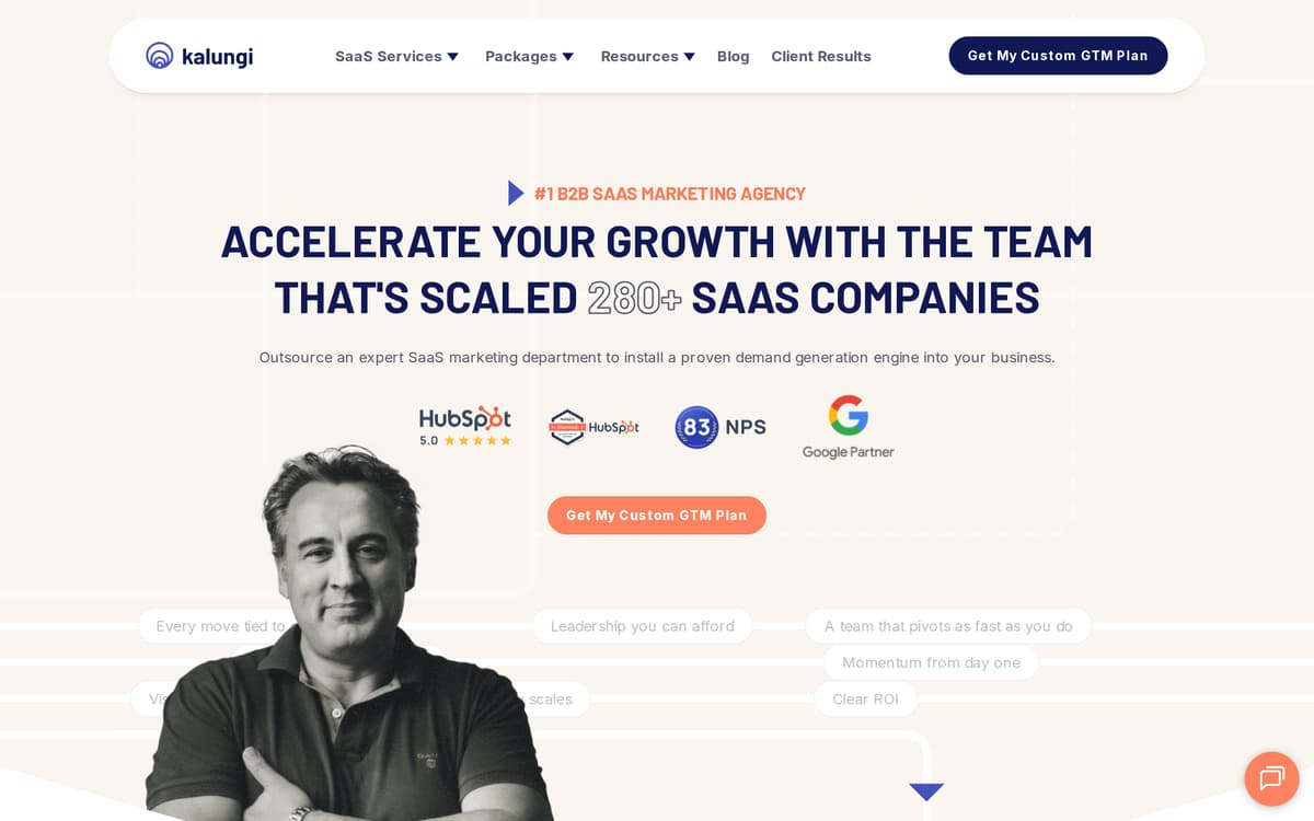 The Kalungi homepage, describing its CMO-as-a-Service model for B2B SaaS.