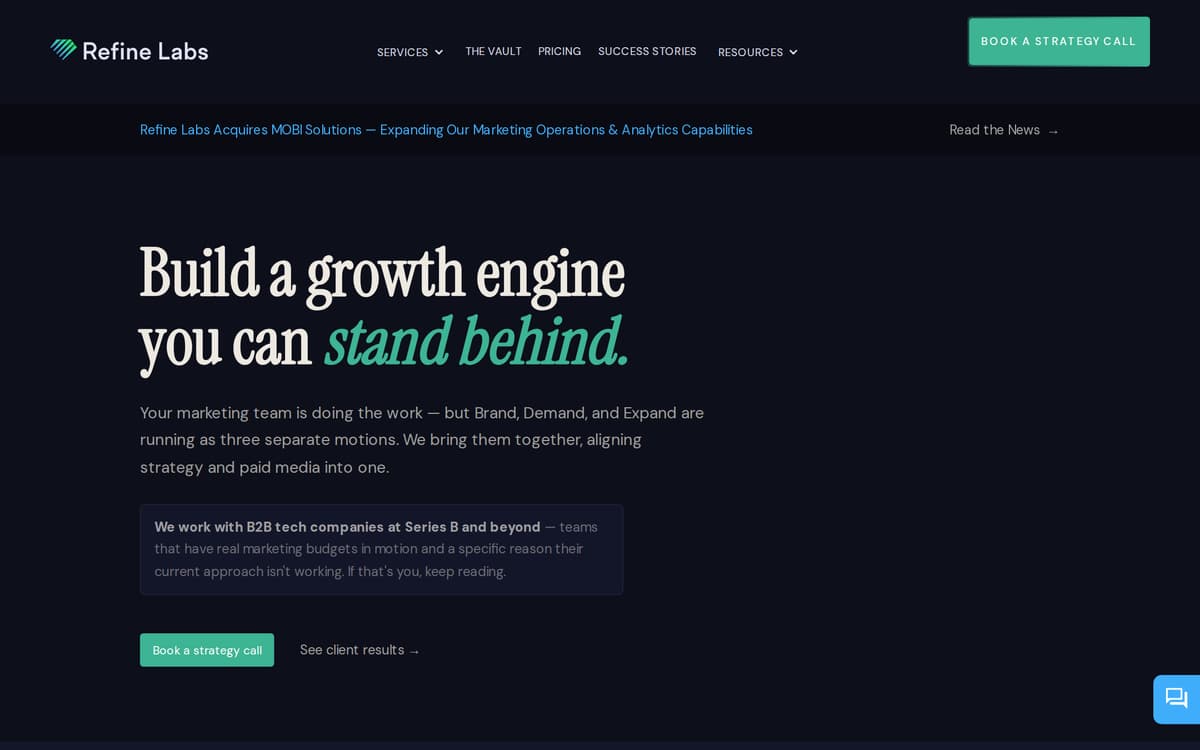 The Refine Labs homepage, with its Brand, Demand, Expand positioning.