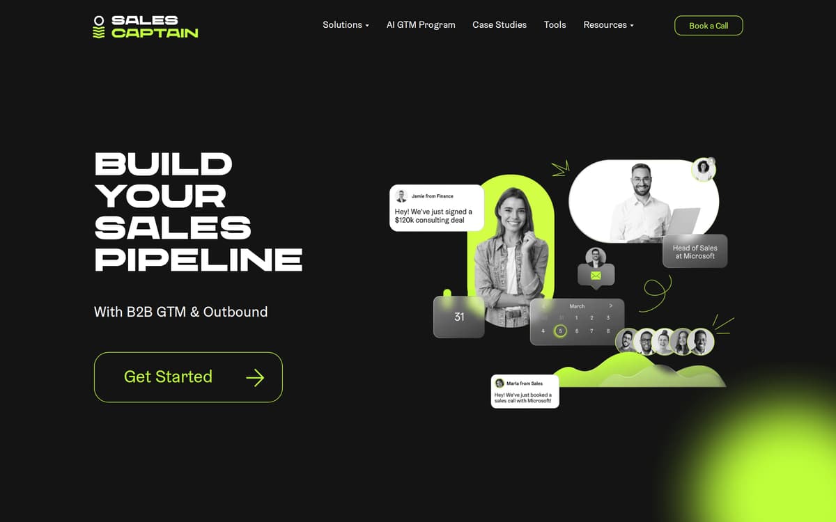 The SalesCaptain homepage, describing its outbound and AI RevOps services.