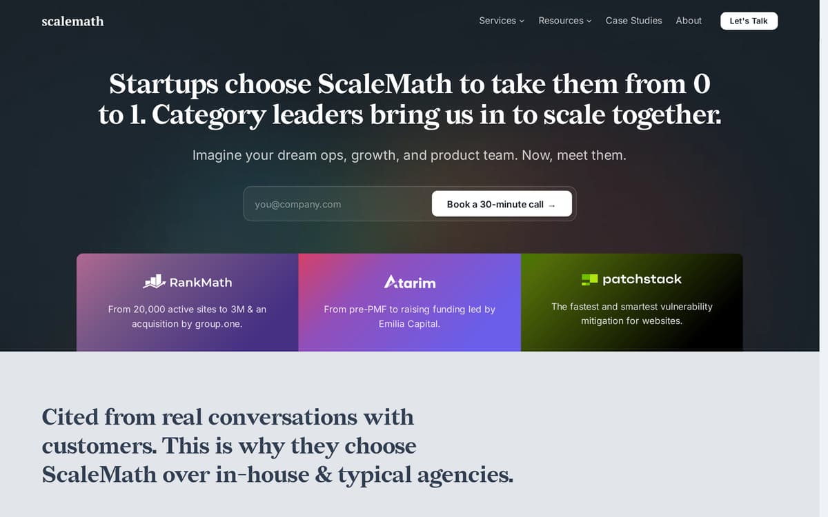 The ScaleMath homepage, with the headline about taking startups from 0 to 1 and proof cards for Rank Math and Atarim.