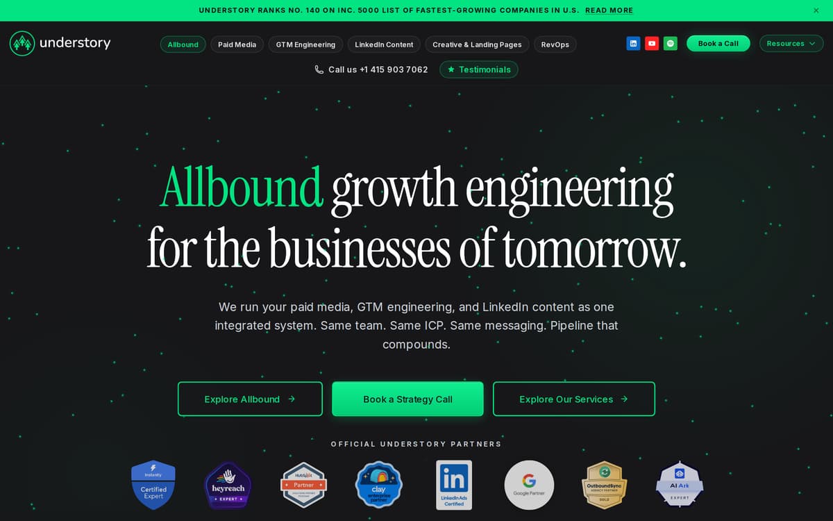 The Understory homepage, showing its Allbound approach and client logos.