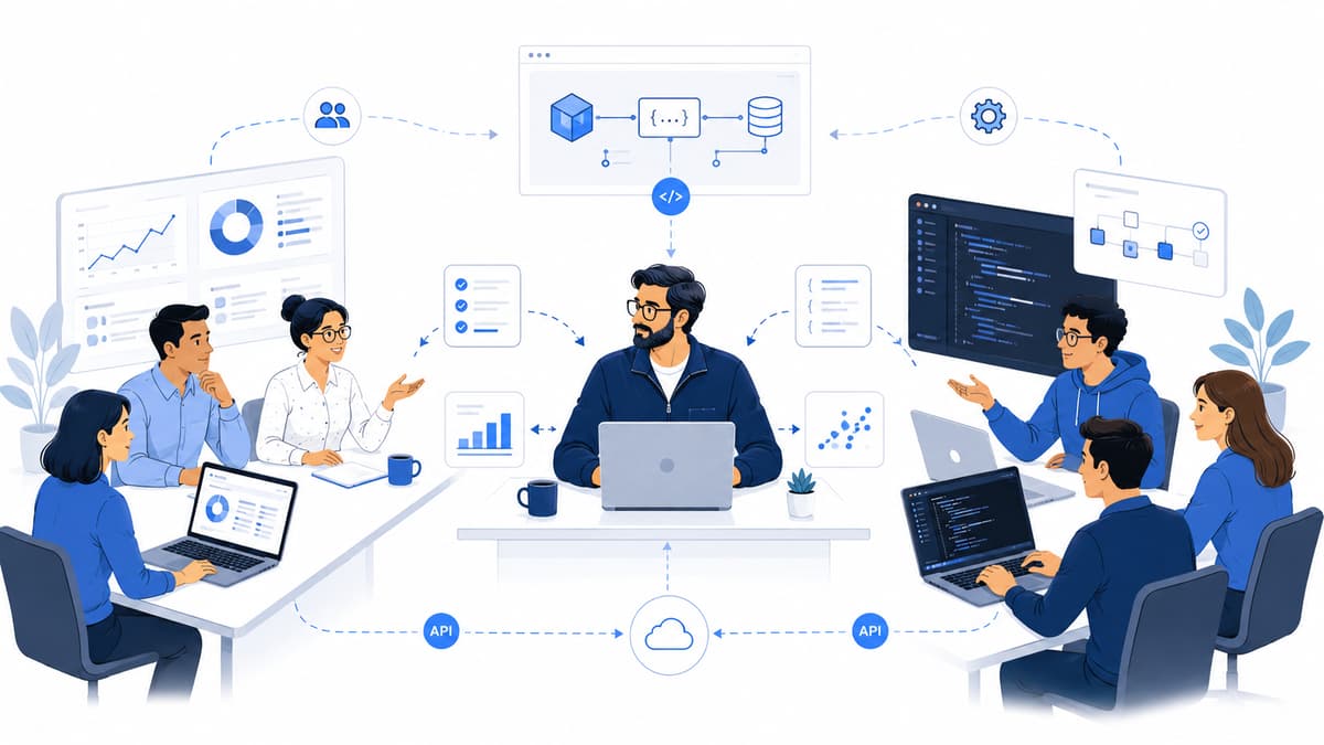 Illustration of a forward-deployed engineer working alongside a customer's team, connecting their systems, data and APIs