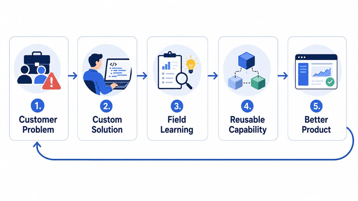 The forward-deployment loop: customer problem, custom solution, field learning, reusable capability, better product