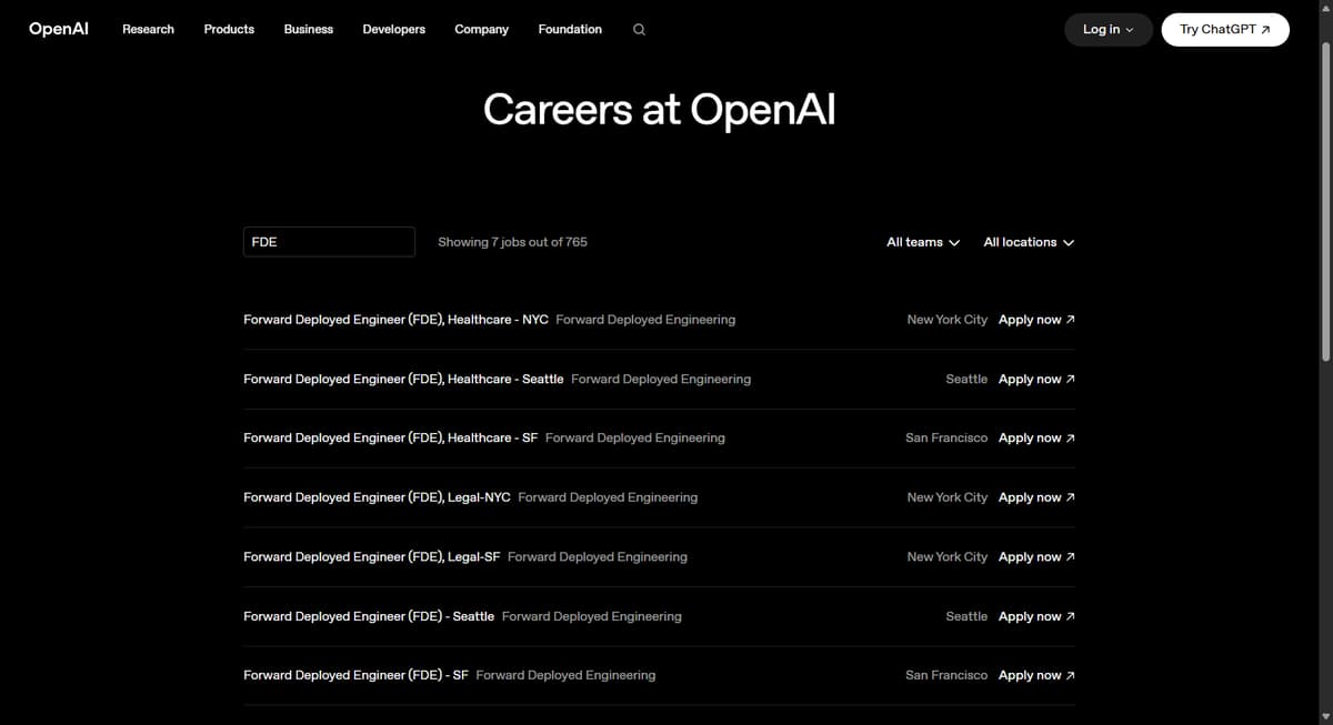 OpenAI careers page listing Forward Deployed Engineer roles in healthcare, legal and government