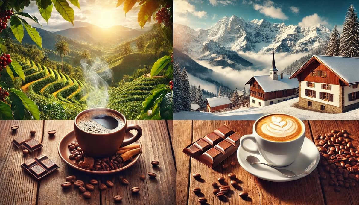 A cup of coffee with chocolate and coffee beans, set against a tropical coffee farm on one side and a Swiss alpine village on the other