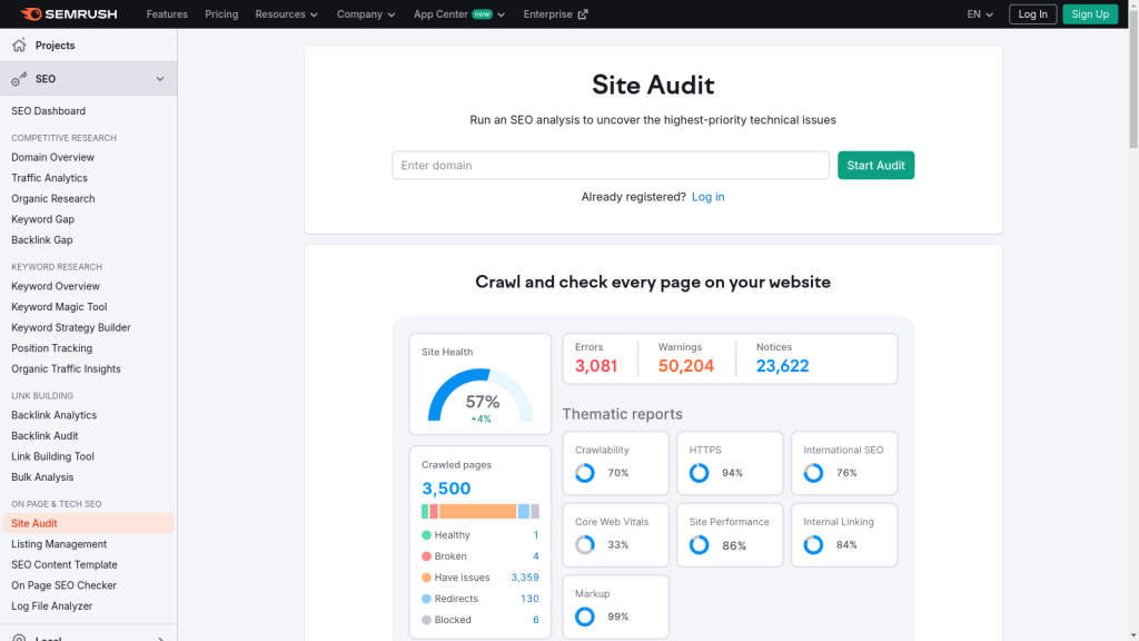 semrush site audit