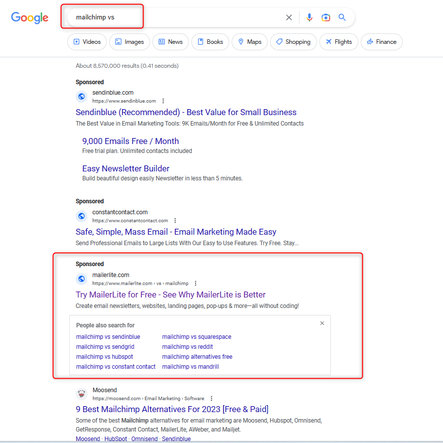 competitor landing pages google ads