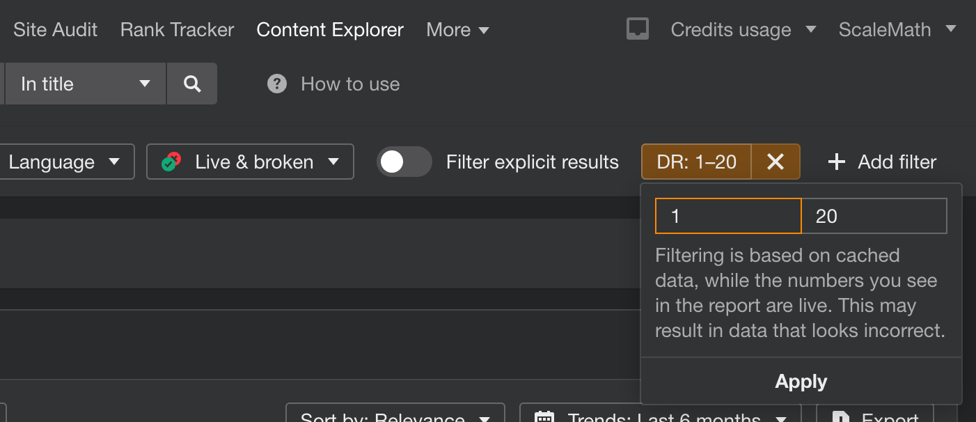 content explorer setting domain rating filter